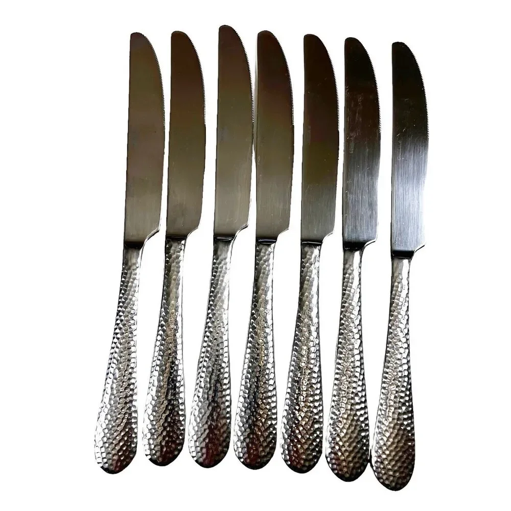 7 Oneida REYNA Stainless Glossy Hammered Dinner Knives Flatware